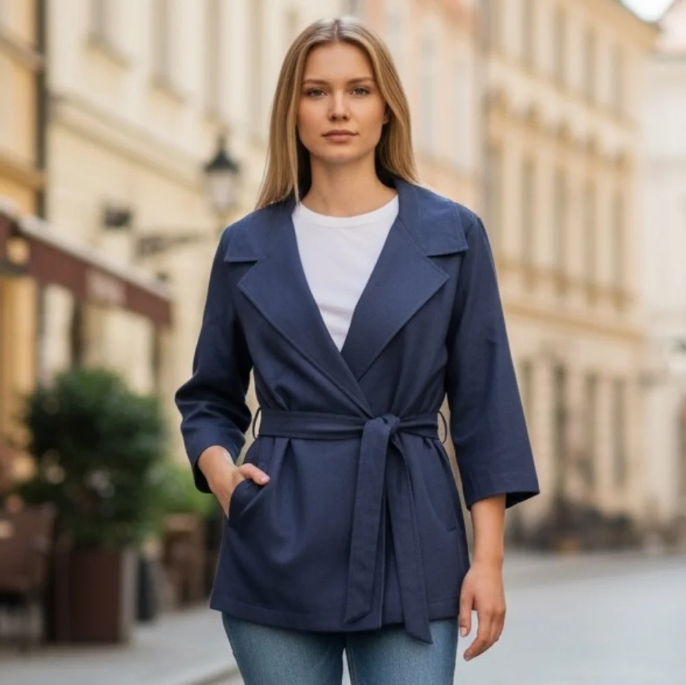 Michael Kors Women’s Navy Belted Kimono Sleeve Jacket Lightweight Wrap Coat